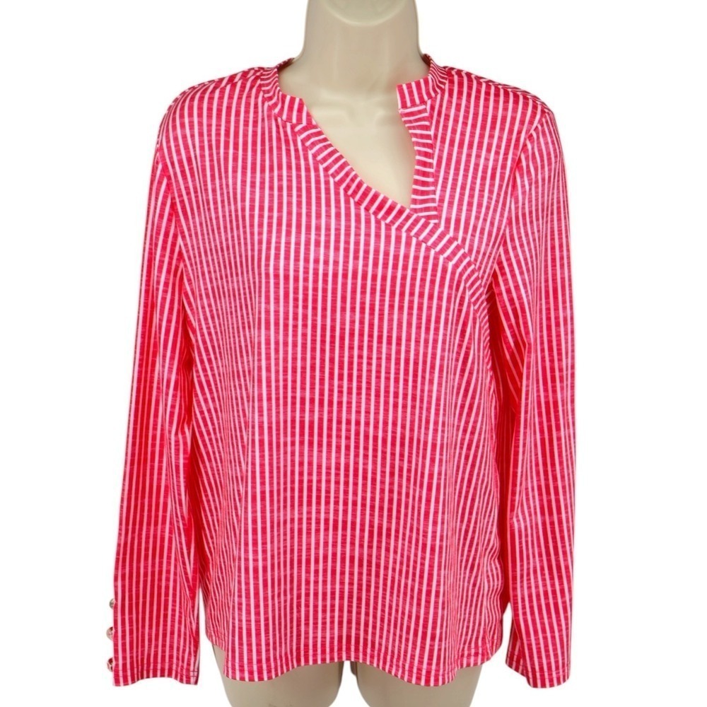 Zolucky Pink‎ Striped Asymmetrical Top S Long Sleeve Button Coastal Preppy